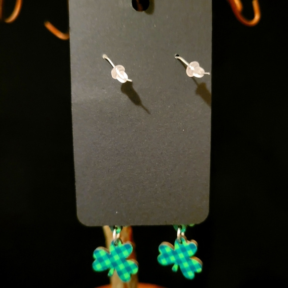2/$20 Wood St. Patrick's Day Plaid Clover Dangle Earrings - Picture 2 of 4